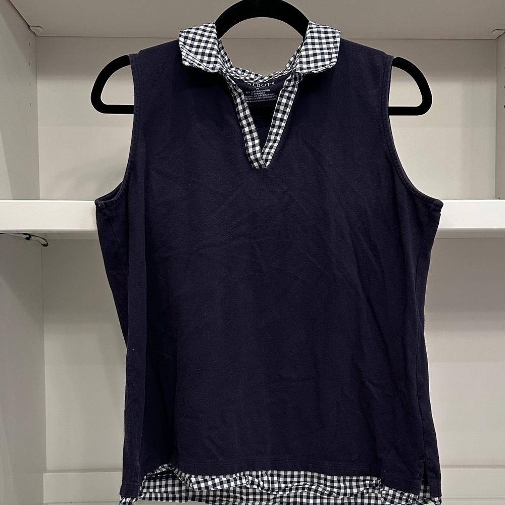 Talbots size medium Navy Sleeveless Layered Polo with Gingham Trim. Like new